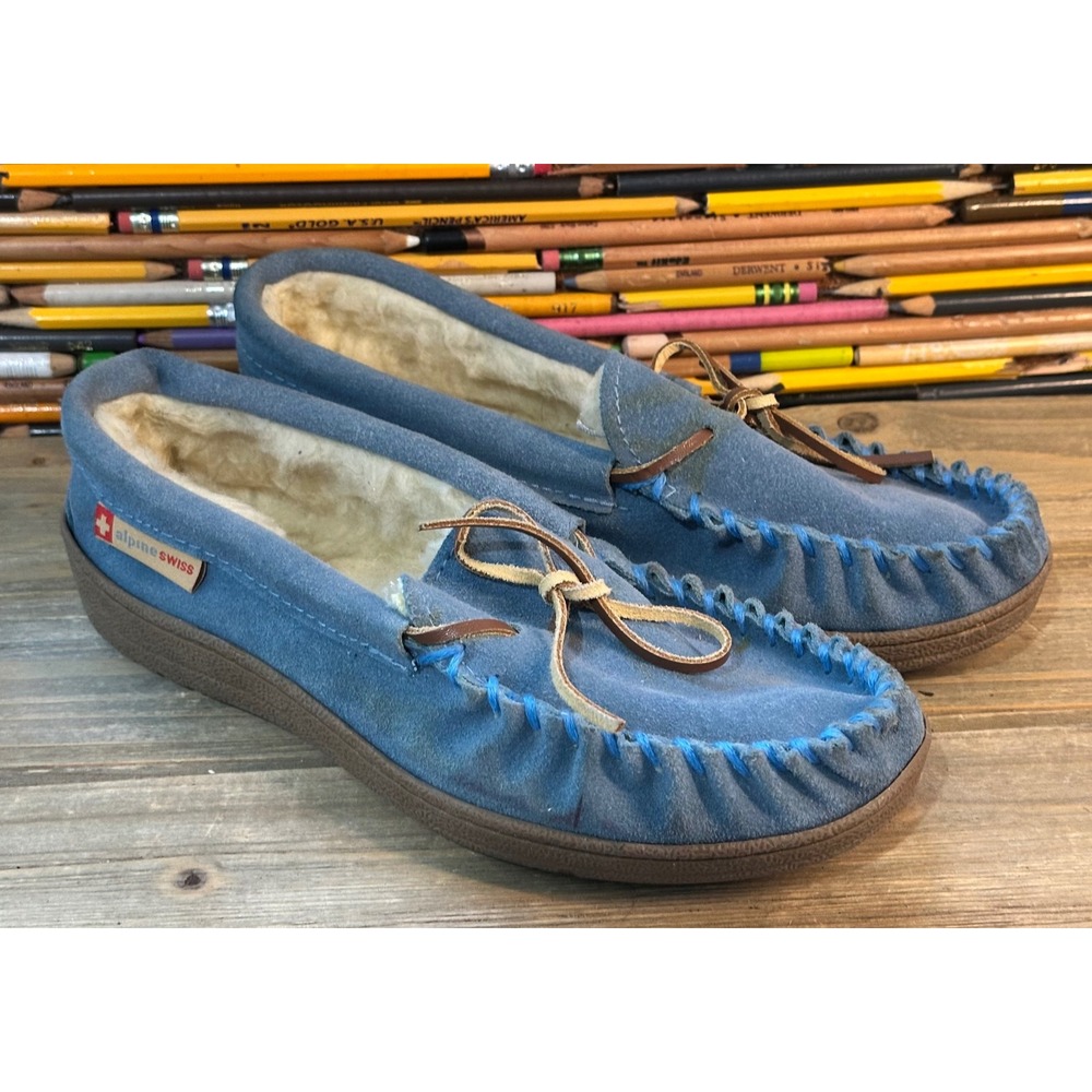 Alpine Swiss Moccasin Slippers Shoes Faux Shearling Women 6 Cozy Blue